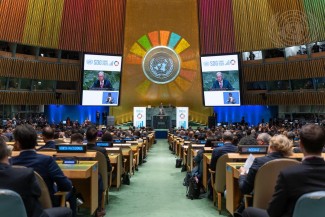The view of a large UN assembly room from the back. People are seated (backs facing the viewer) at desks facing a stage with a podium where a man stands (facing the audience and viewer).  