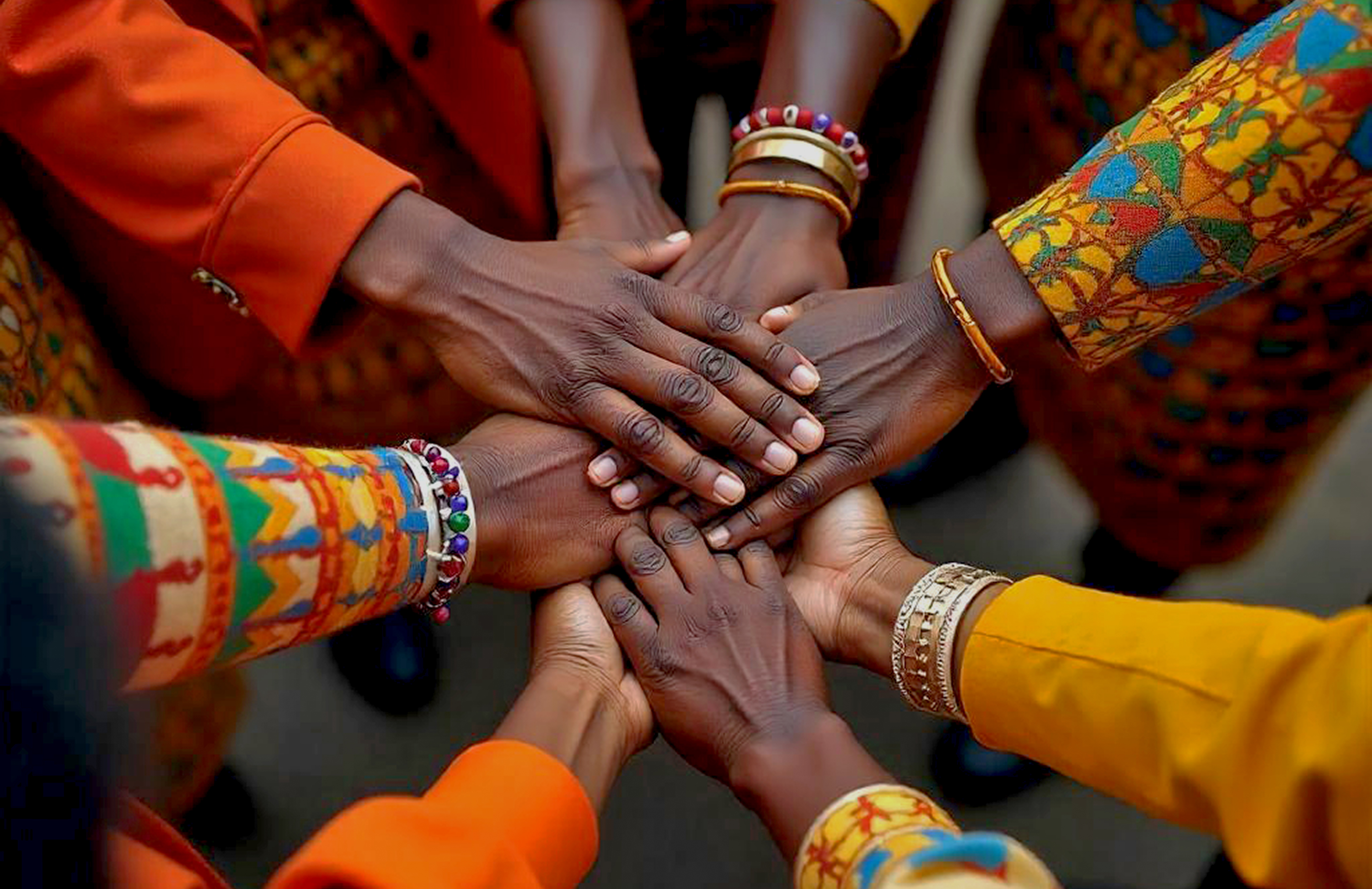 Hands of several people of color are placed on top of one another.