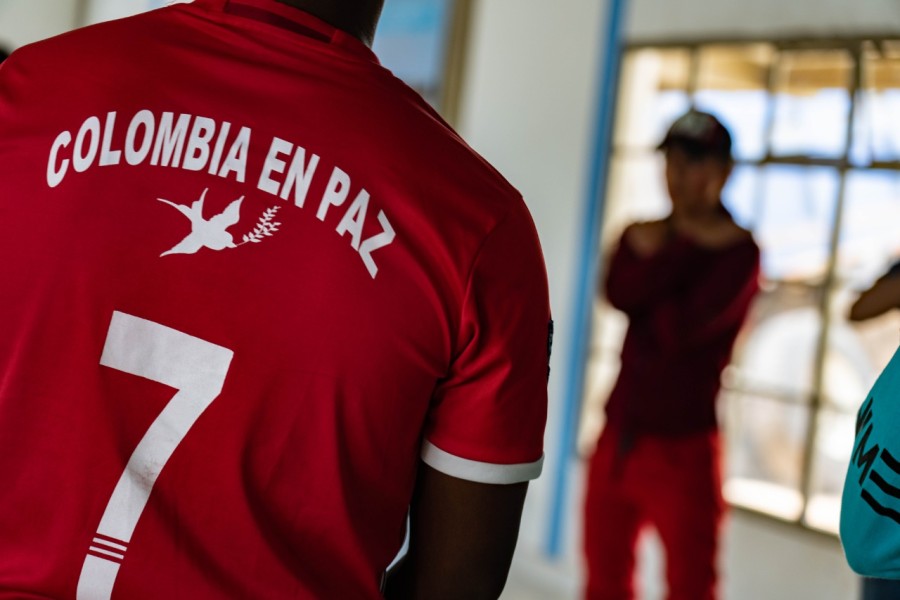 A young person with back facing the viewer is wearing a T-shirt that reads “Colombia in Peace"