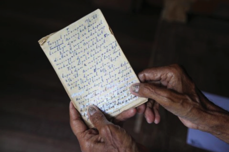 Two hands hold a piece of paper covered with hand-written words in front of a black background.