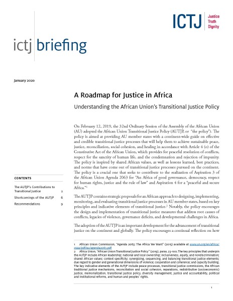 PDF of the first page of the briefing paper "A Roadmap for Justice in Africa"