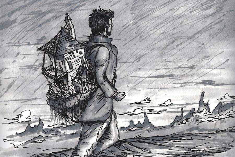 A drawing featuting a young trekking through a rugged landscape, his back facing toward the viewer. On his back, he carries a small castle.