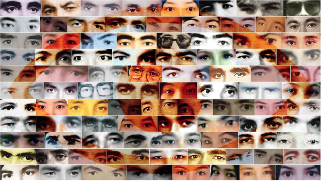 Image features a collection of photos of the eyes of people arranged in a grid formation