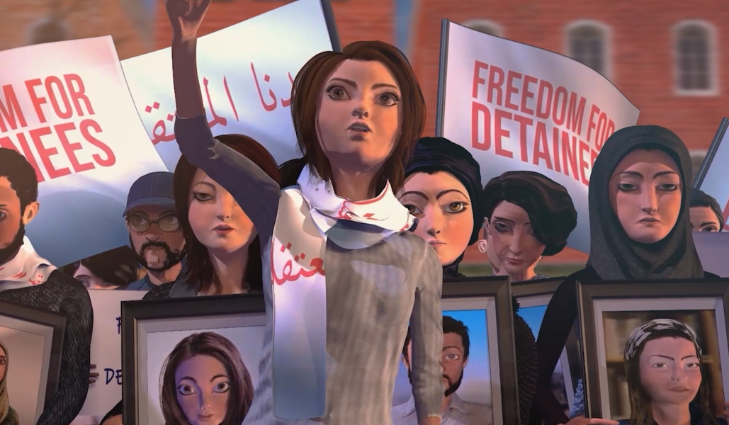 Screenshot from the animated film featuring a group of people protesting in the street, waving placards