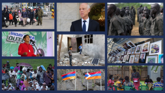 A collage of photos of transitional justice contexts from around the world