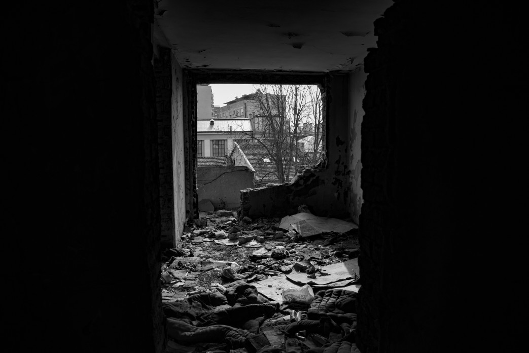 The ruins of a building from the inside looking out.