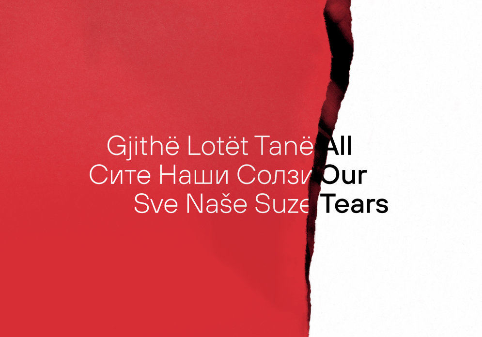 The title "All Our Tears" on a white background, translated into two other languages on the left side on a red background
