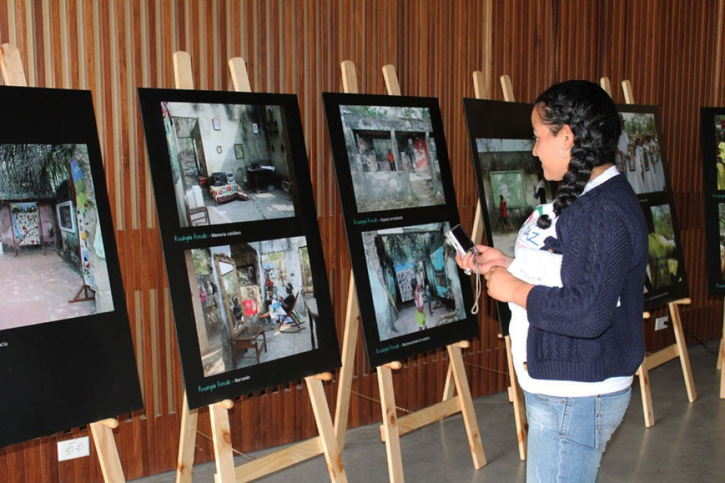 A girl looking at photographs.
